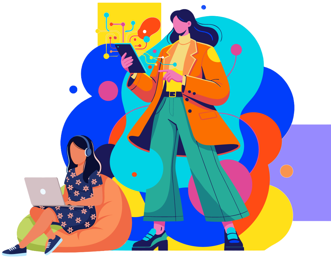 Illustration of women professionals collaborating with technology